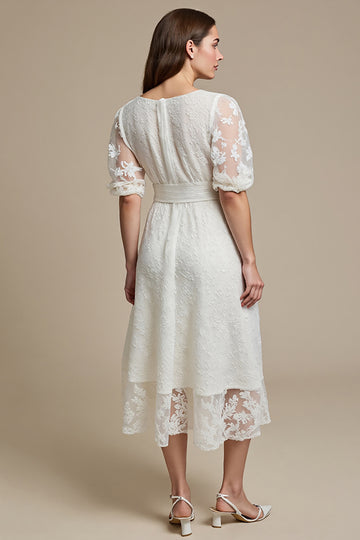 White Boat Neck A Line Midi Lace Engagement Dress with Sleeves